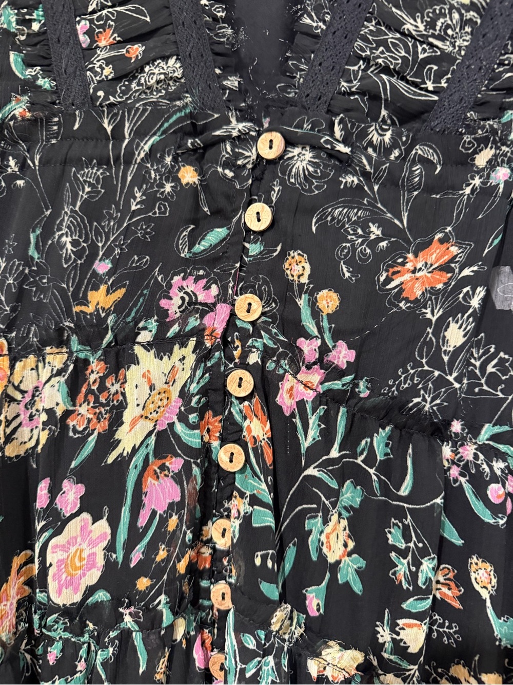 Free People Black Floral Ruffled V-Neck Blouse - Picture 5 of 6